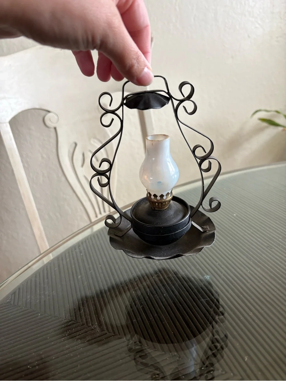 Vintage-Style Black Metal Oil Lamp with White Glass Shade